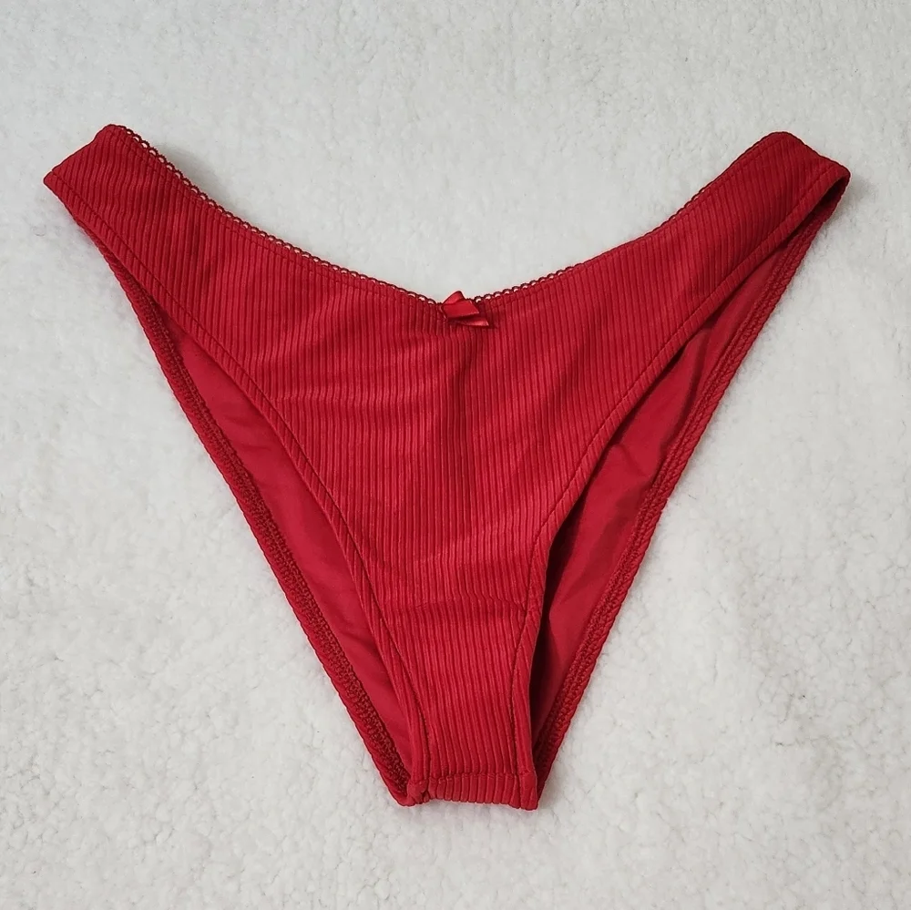 New!Frankie's Bikinis Enzo  Ribbed  Cheeky Bikini Bottom‎ Crimson